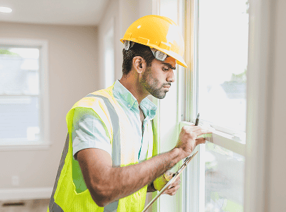 Contractor in a hard hat and safety vest inspecting a window during a home installation.